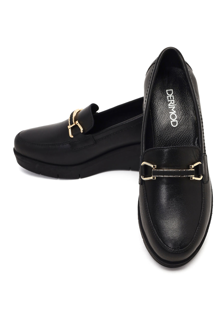 Kadın Siyah Tokalı Dolgu Topuklu Deri Comfort Loafer