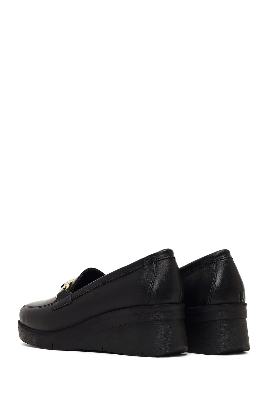 Kadın Siyah Tokalı Dolgu Topuklu Deri Comfort Loafer