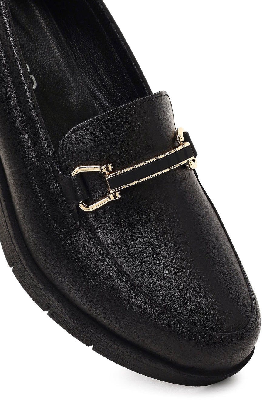 Kadın Siyah Tokalı Dolgu Topuklu Deri Comfort Loafer