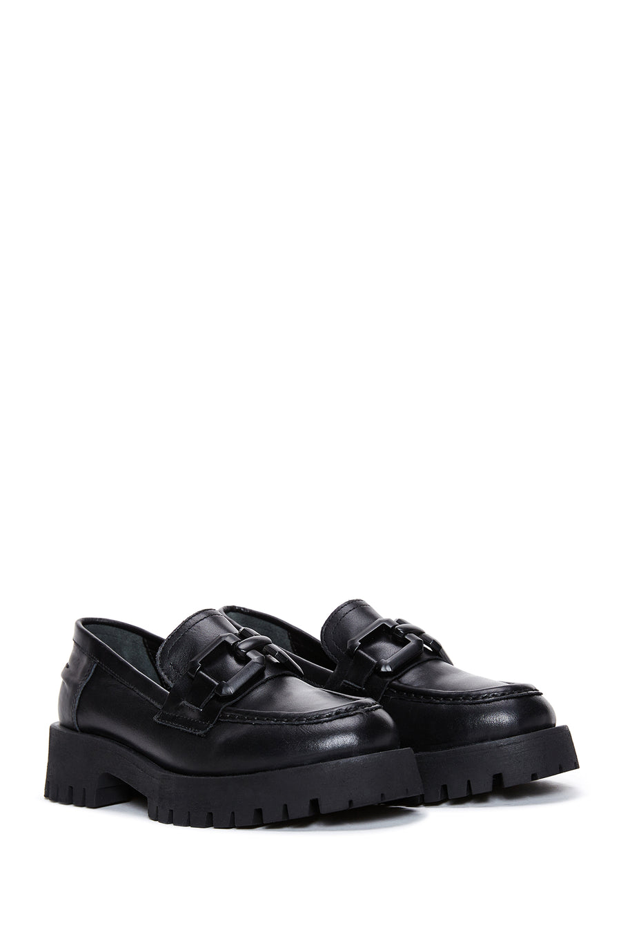 Woman Black Thick Sole Leather Masculine Loafer