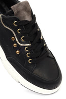Woman Black Lace-Up Thick Sole Leather Sneakers | Derimod