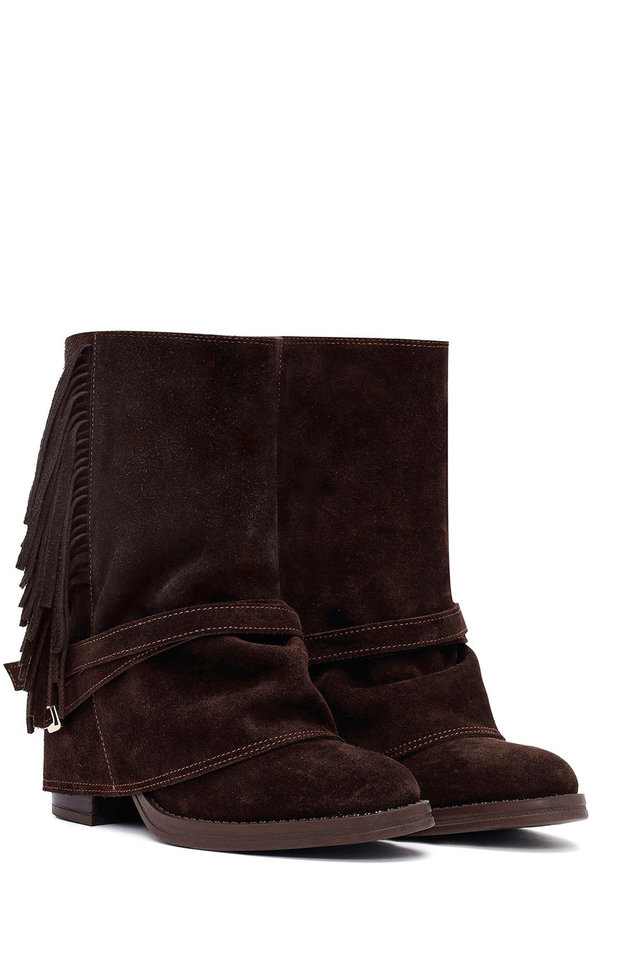 Woman Brown Chunky Heel Suede Leather Boat