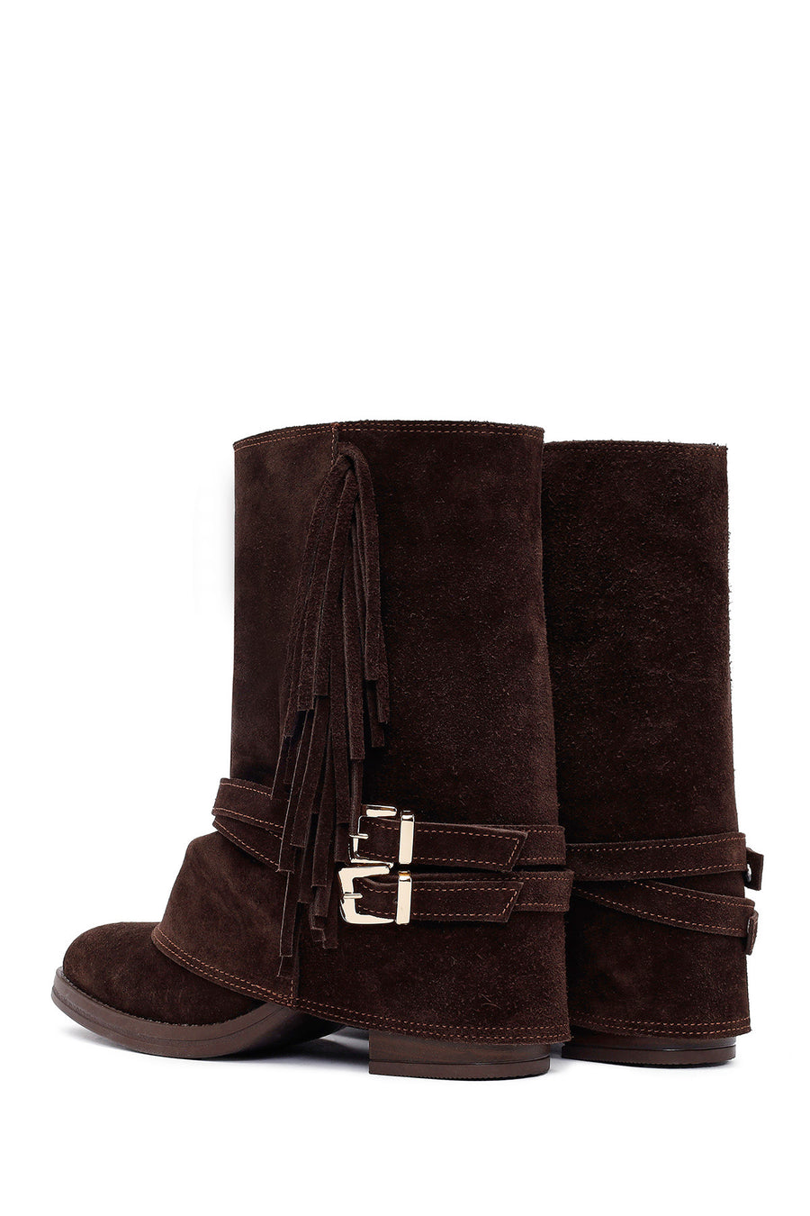 Woman Brown Chunky Heel Suede Leather Boat