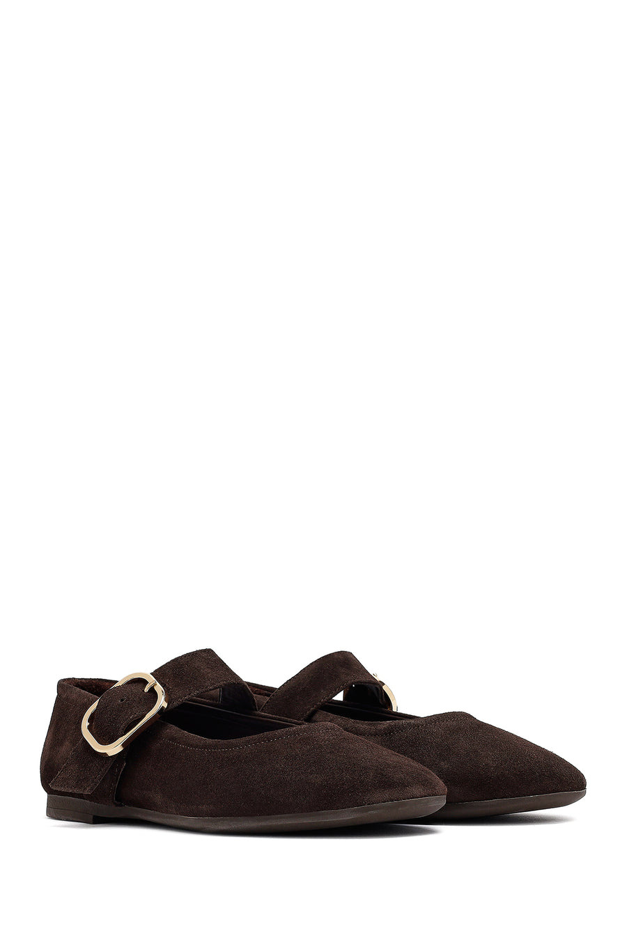 Woman Brown Buckled Suede Leather Babet