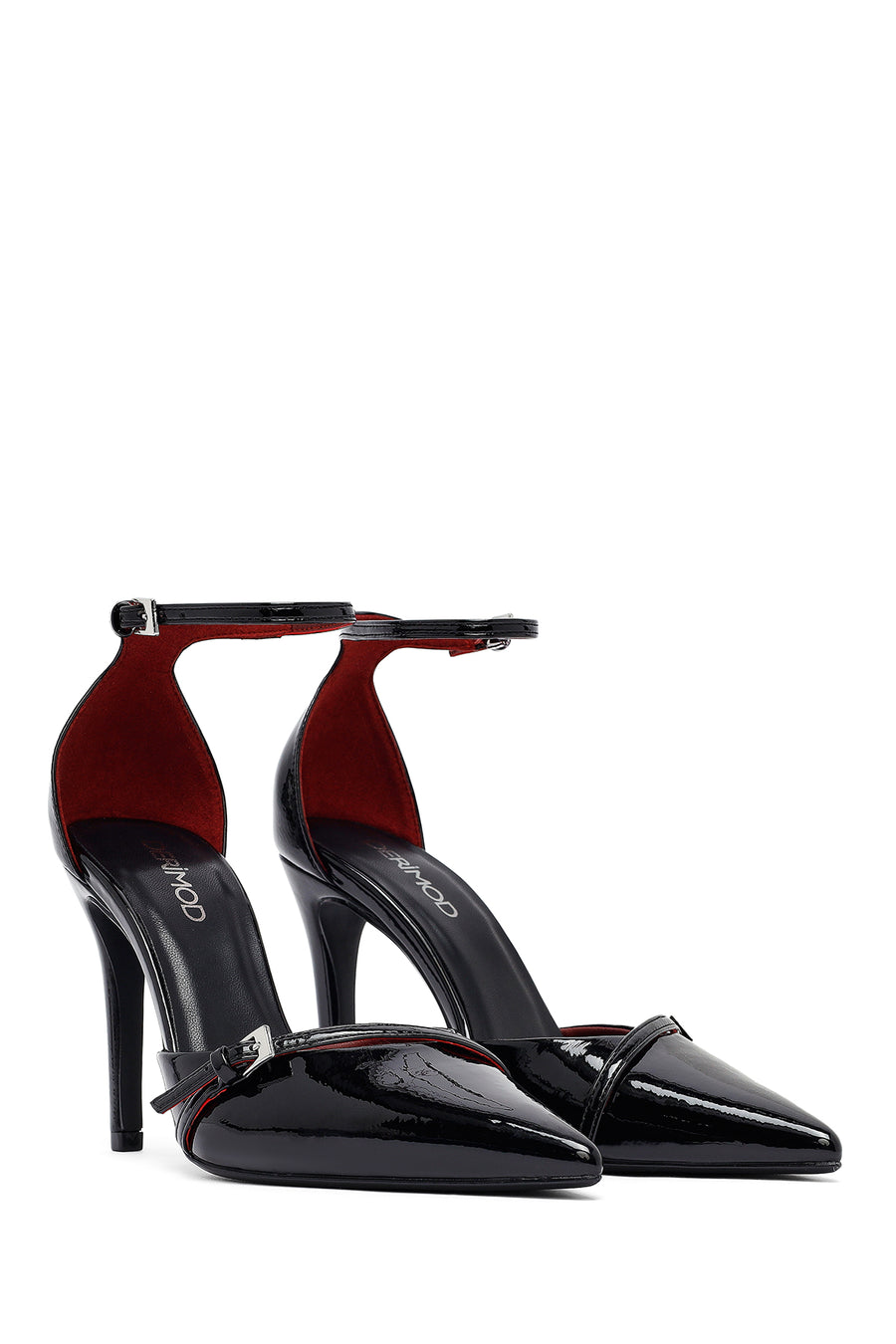Women's Black Ankle Buckle High Thin Heel Patent Leather Stiletto