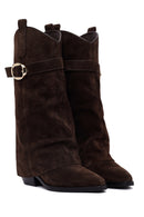 Women's Brown Thick Heeled Suede Leather Boot | Derimod