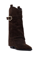 Women's Brown Thick Heeled Suede Leather Boot | Derimod