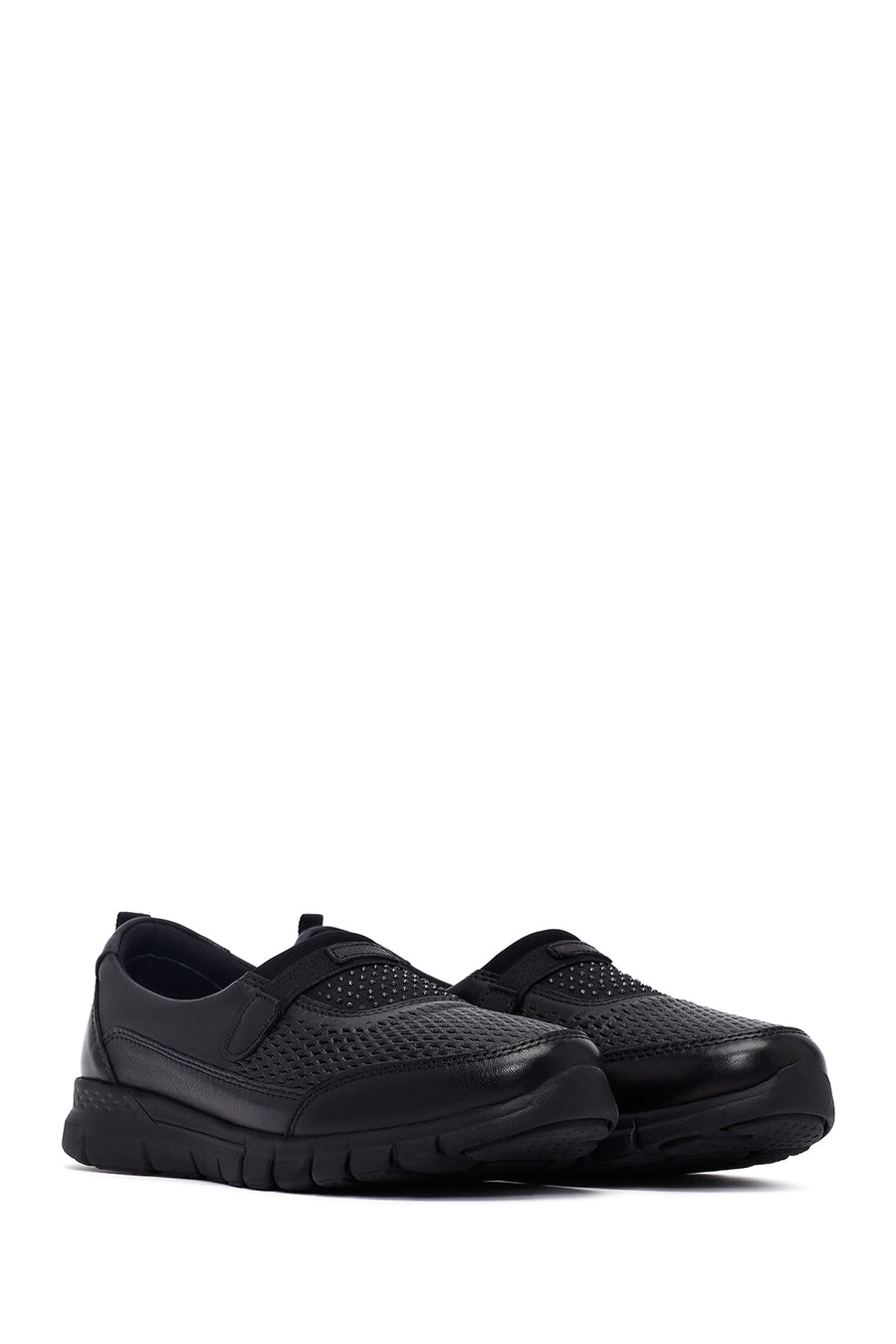 Woman Black Stone Detail Leather Comfort Shoes