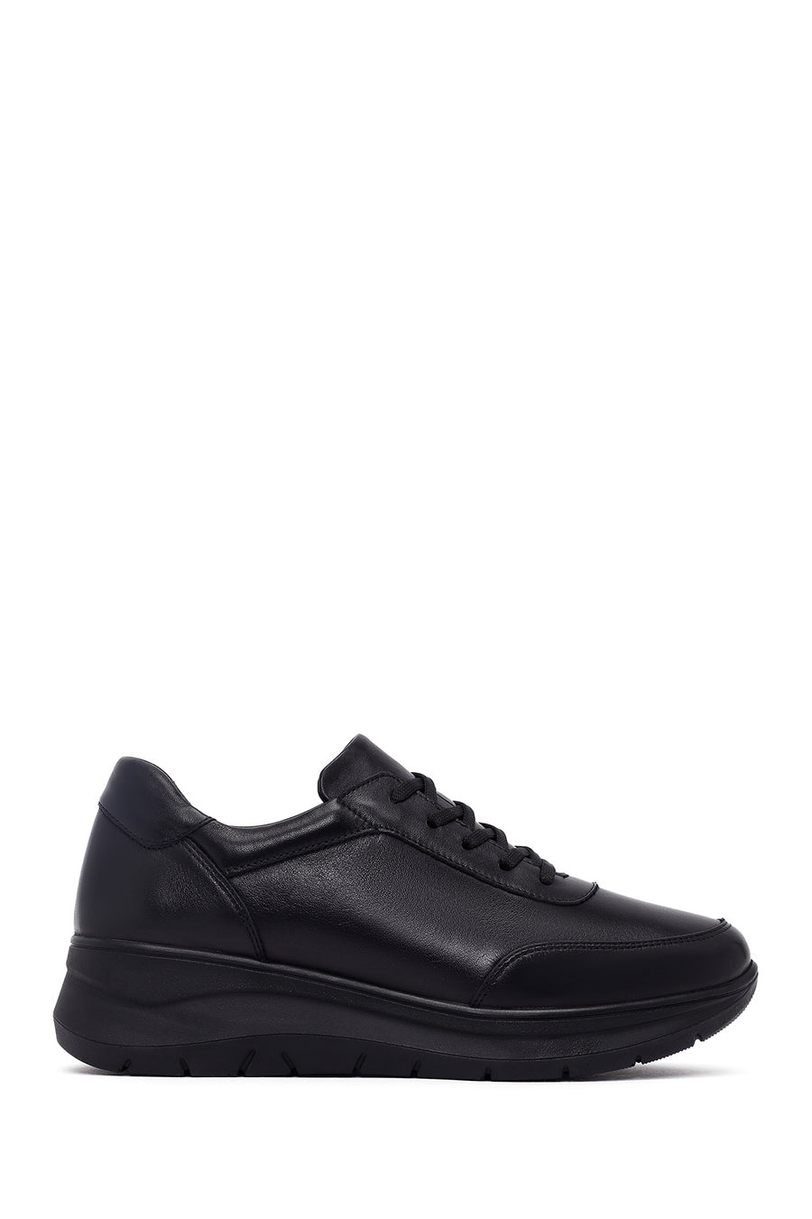 Woman Black Lace-Up Thick Sole Leather Sneakers 25AFD501518 | Derimod