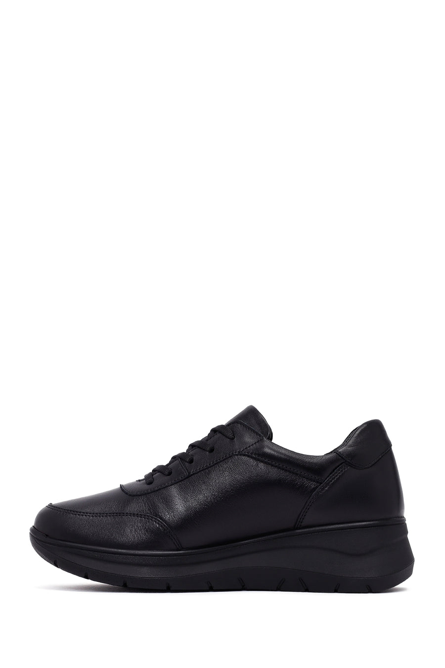 Woman Black Lace-Up Thick Sole Leather Sneakers