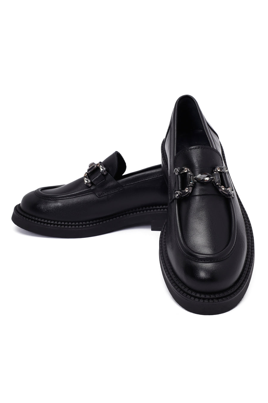 Kadın Siyah Tokalı Deri Maskülen Loafer