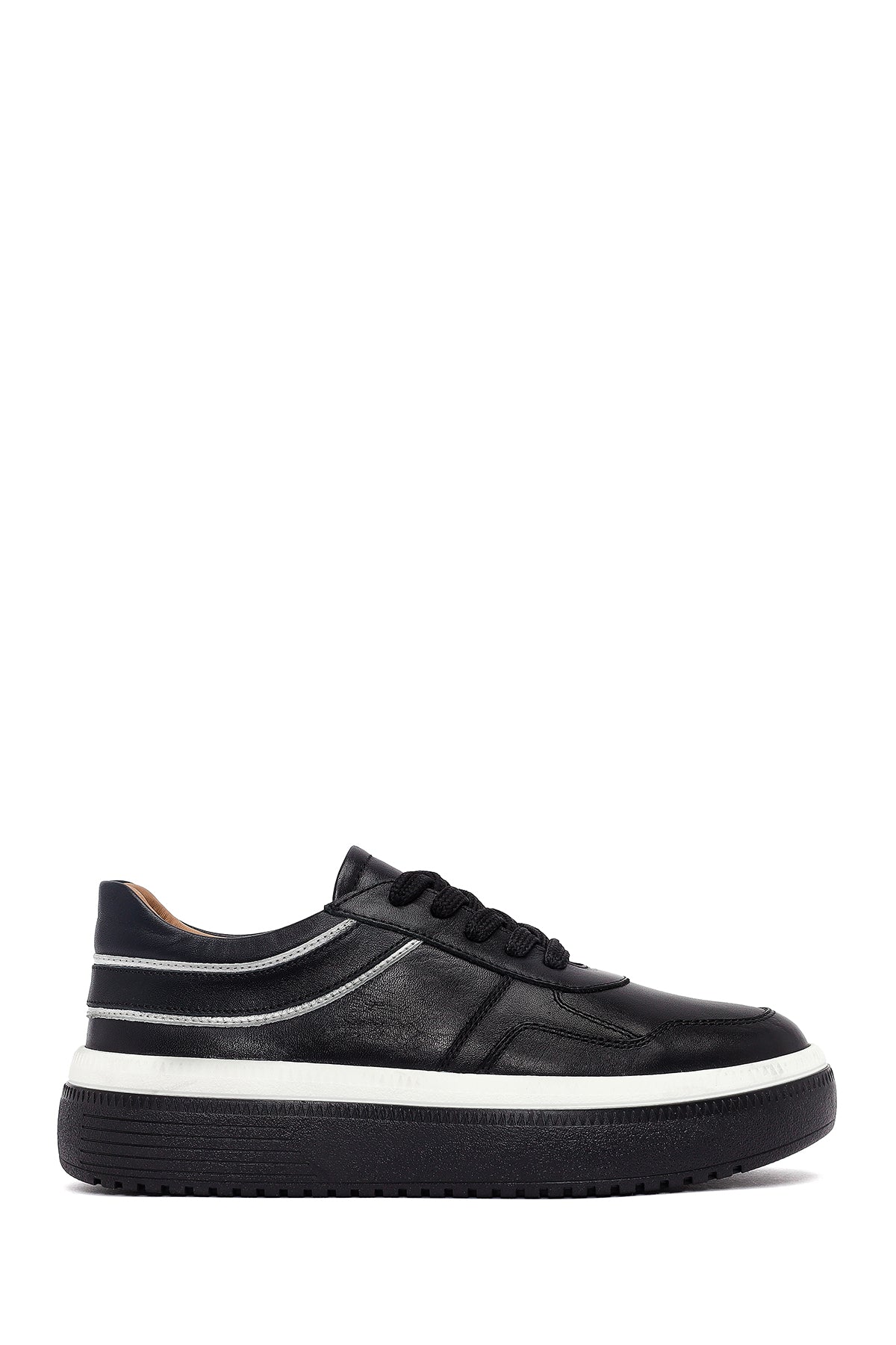 Women's Black Lace-Up Thick-Soled Leather Sneaker 25AFD510818 | Derimod