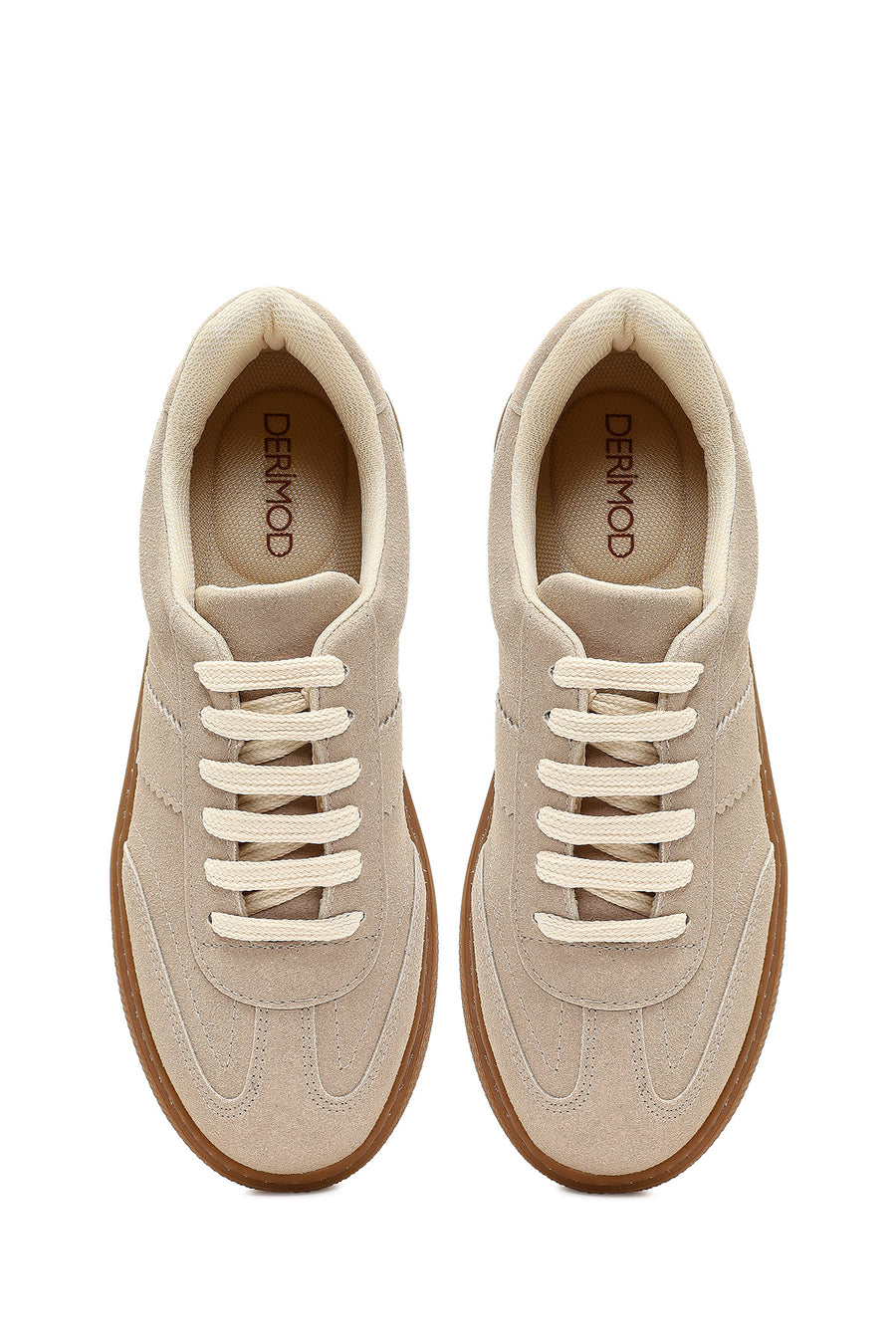 Kadın Bej Bağcıklı Kalın Tabanlı Süet Sneaker