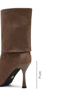 Women's Taupe Suede Thin Heeled Boots | Derimod