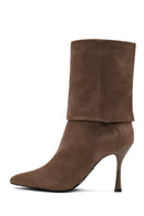 Women's Taupe Suede Thin Heeled Boots | Derimod