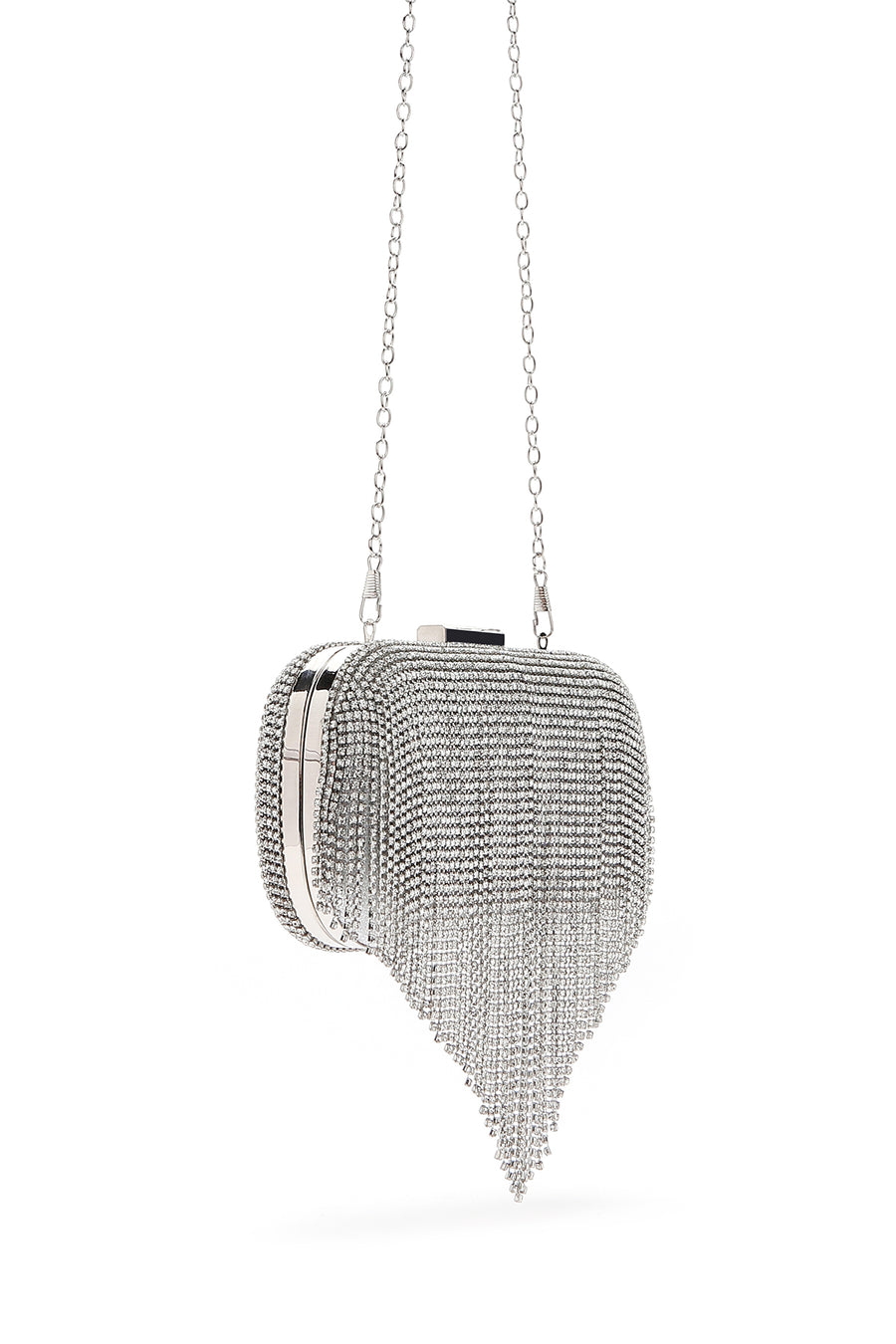 Women's Silver Long Chain Strap Stone Evening Mini Clutch Bag