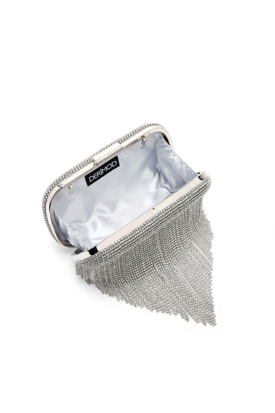 Women's Silver Long Chain Strap Stone Evening Mini Clutch Bag