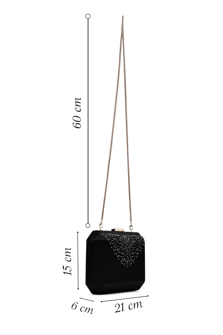 Women's Black Long Chain Strap Stone Mini Evening Box Bag