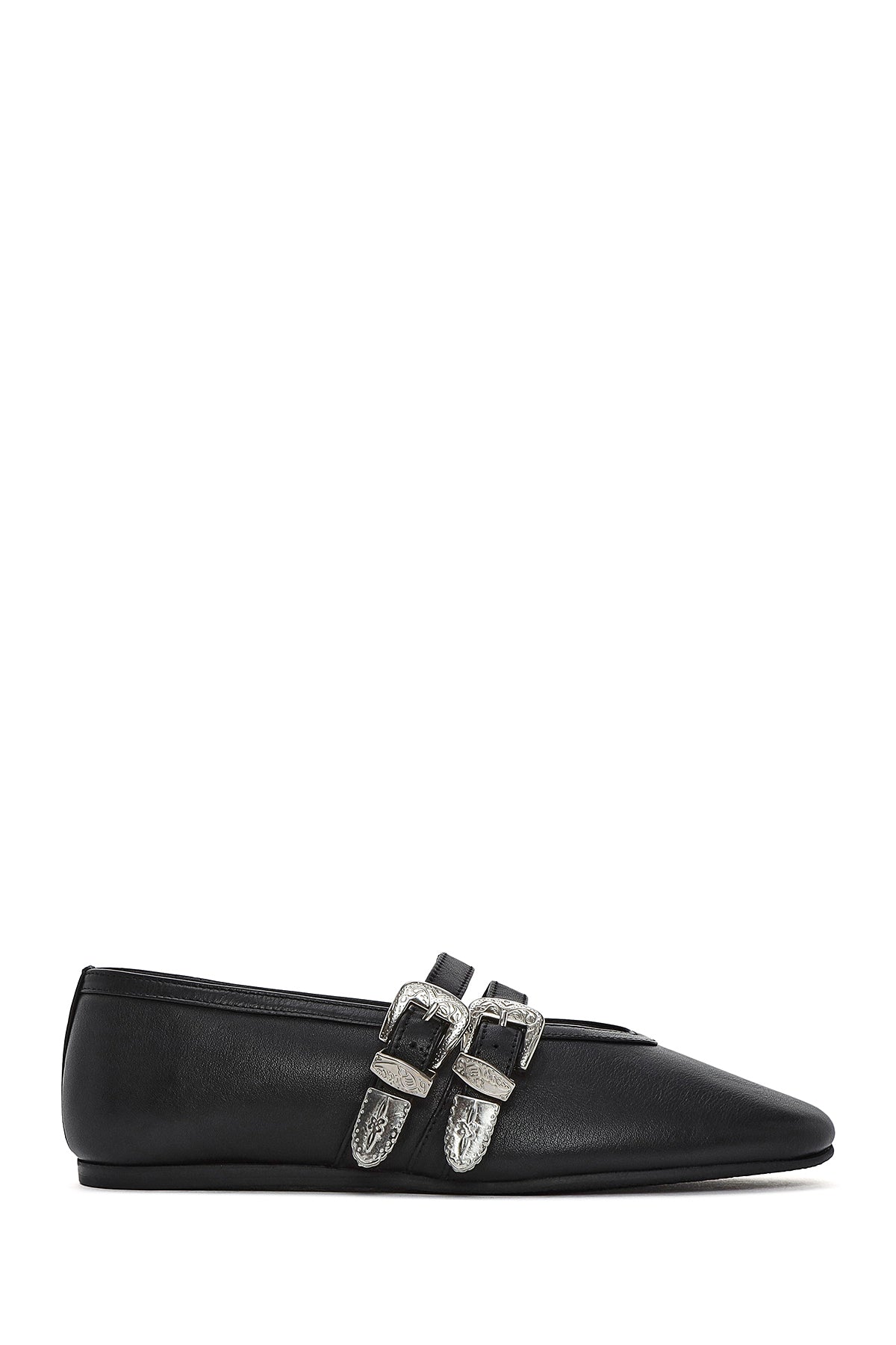 Women's Black Double Buckled Leather Ballerinas 25SFD140218 | Derimod