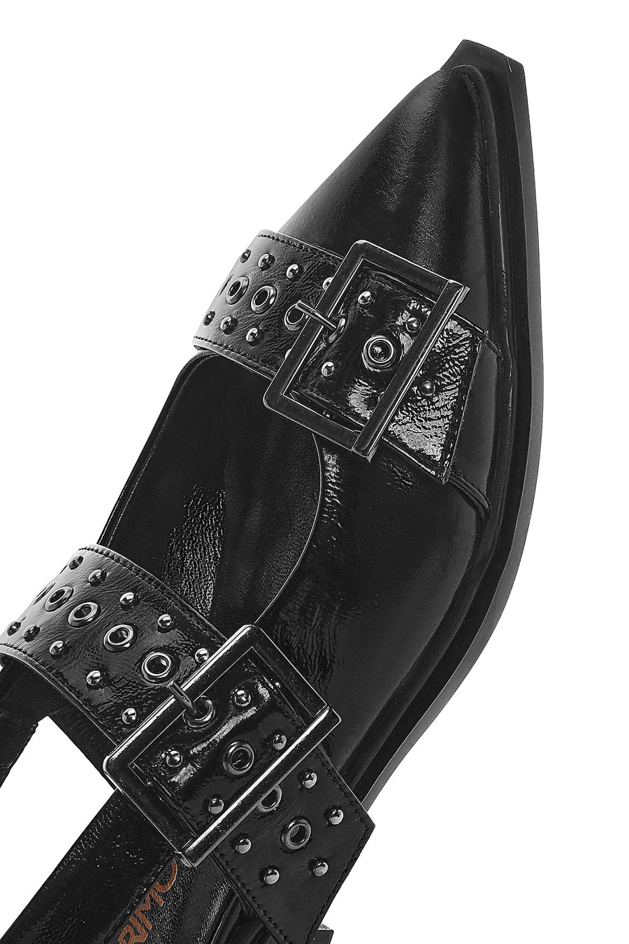 Women's Black Open Back Buckled Patent Leather Ballerinas