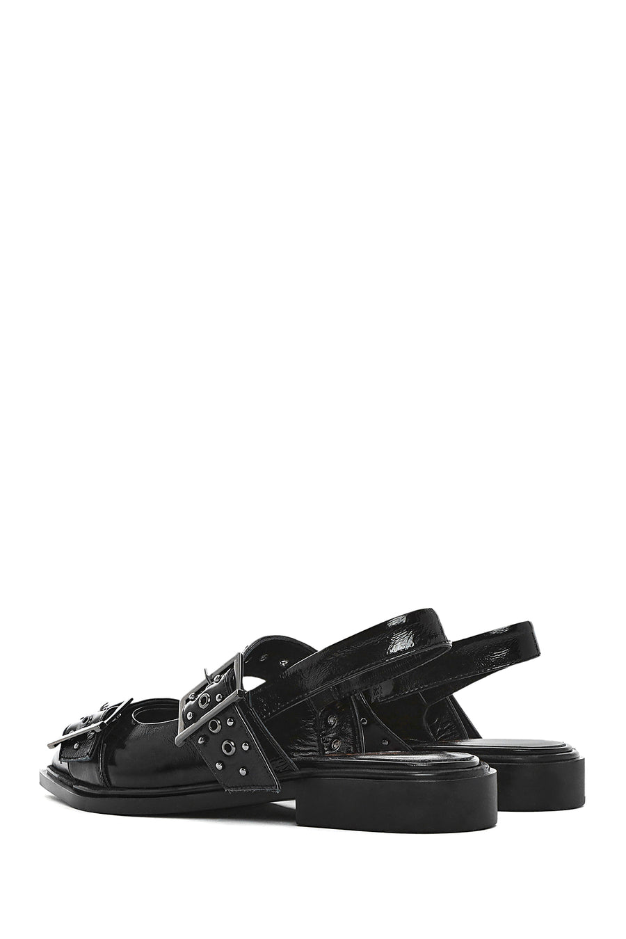 Women's Black Open Back Buckled Patent Leather Ballerinas