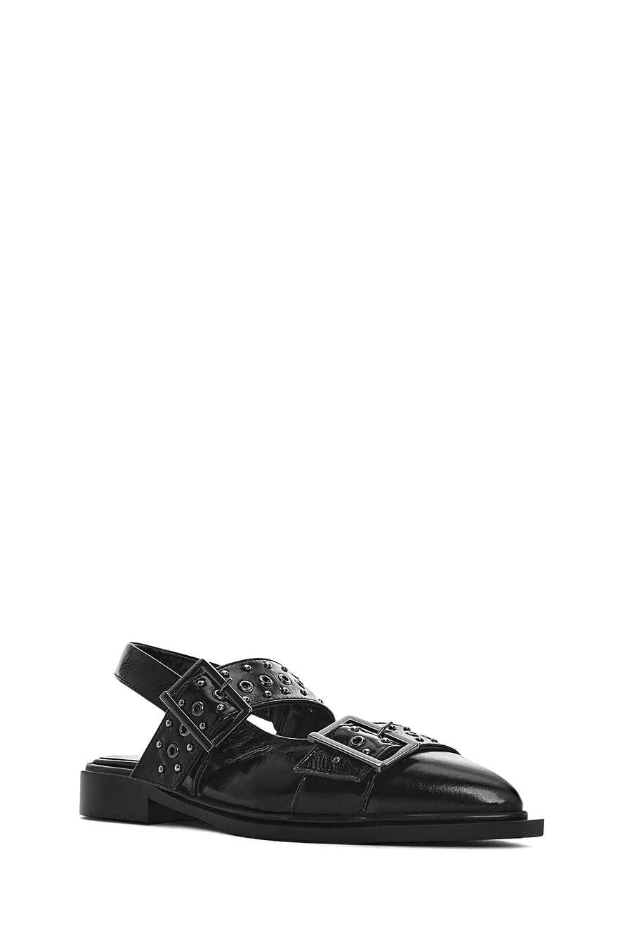 Women's Black Open Back Buckled Patent Leather Ballerinas