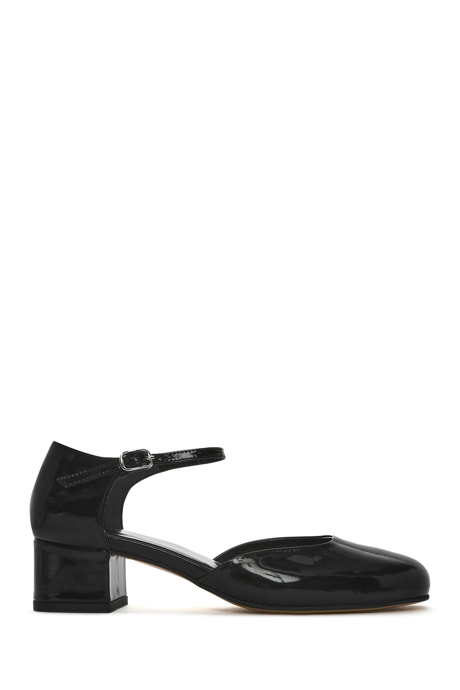 Women's Black Ankle Buckle Low Thick Heel Patent Leather Shoes 25SFD140916 | Derimod