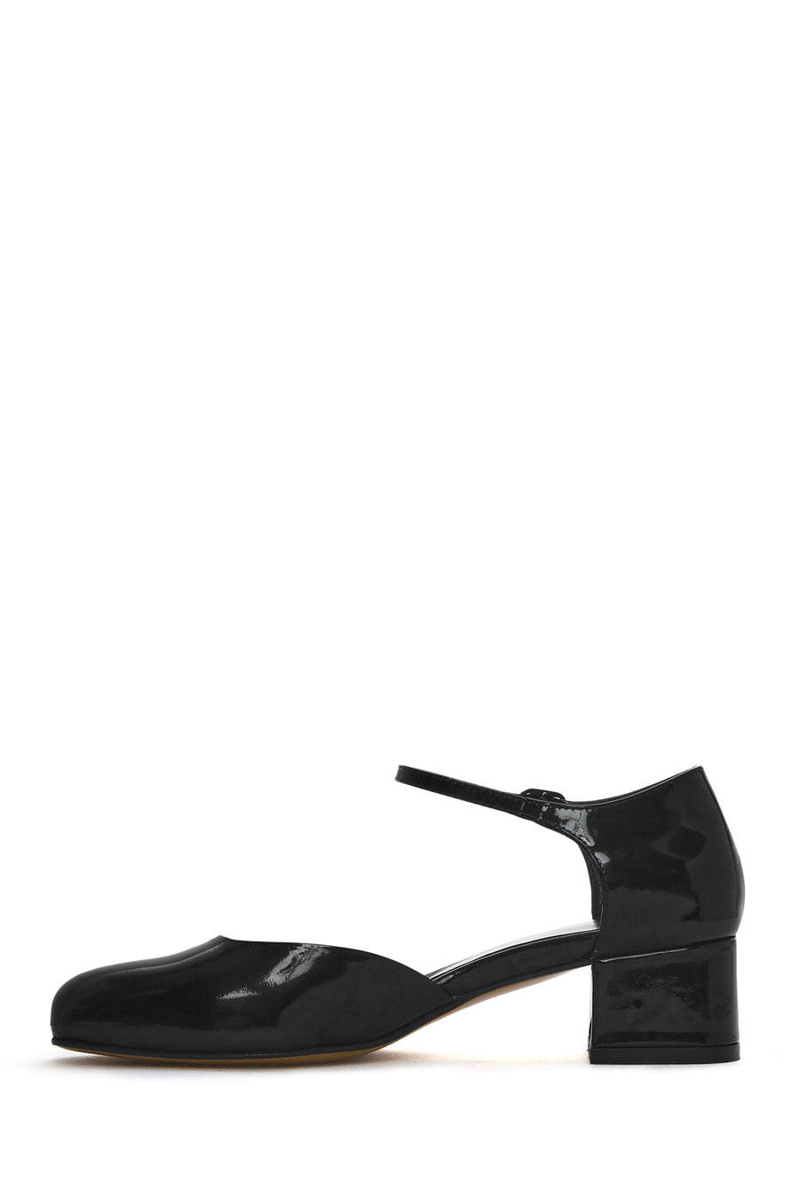 Women's Black Ankle Buckle Low Thick Heel Patent Leather Shoes