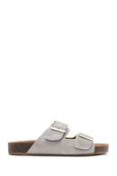 Women's Gray Double Buckled Suede Leather Slippers | Derimod