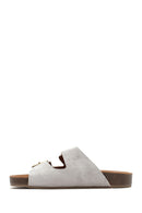 Women's Gray Double Buckled Suede Leather Slippers | Derimod