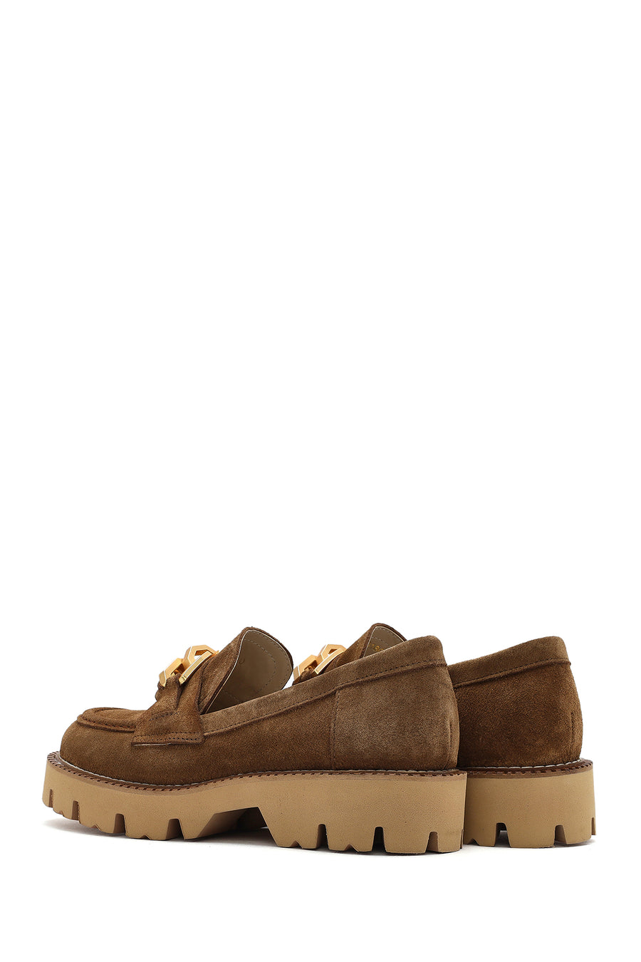 Women's Brown Buckled Thick Soled Suede Leather Masculine Loafer