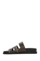 Women's Brown Striped Patterned Leather Slippers | Derimod
