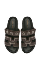 Women's Brown Striped Patterned Leather Slippers | Derimod