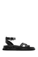 Women's Black Leather Sandals with Metal Buckle Ankle Detail | Derimod