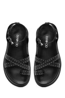 Women's Black Leather Sandals with Metal Buckle Ankle Detail | Derimod
