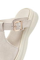 Women's Beige Buckle Suede Leather Slippers | Derimod