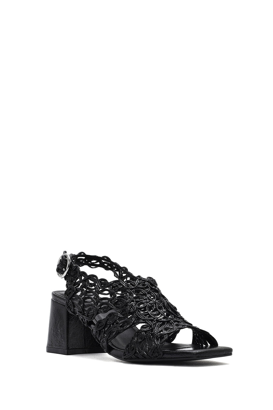 Women's Black Braided Metallic Chunky Low Heel Sandals