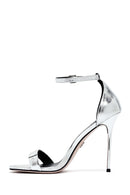 Women's Silver Ankle Buckle High Thin Heel Metallic Leather Sandals | Derimod