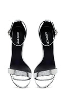 Women's Silver Ankle Buckle High Thin Heel Metallic Leather Sandals | Derimod