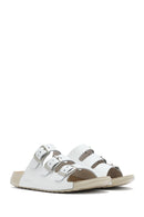 Women's White Buckled Leather Comfort Slippers | Derimod