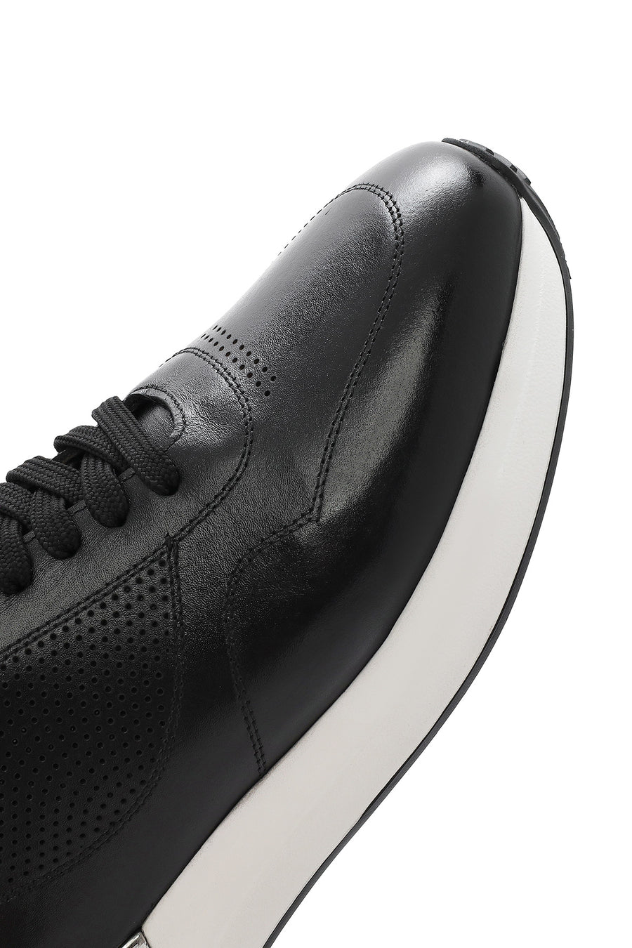 Men's Black Lace-up Thick-Sole Leather Sneaker