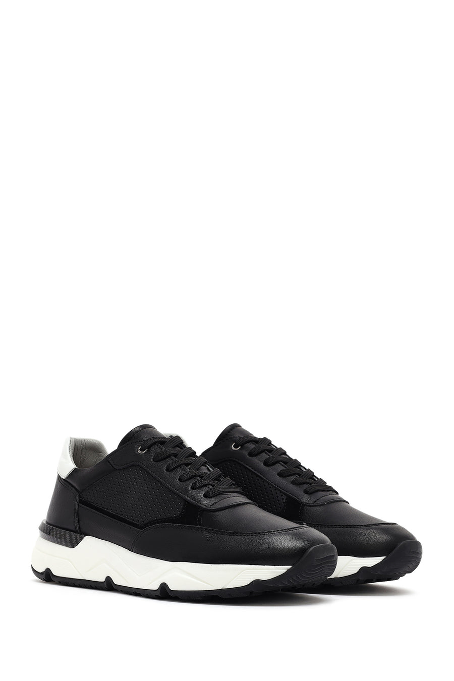 Erkek Siyah Bağcıklı Kalın Tabanlı Deri Sneaker