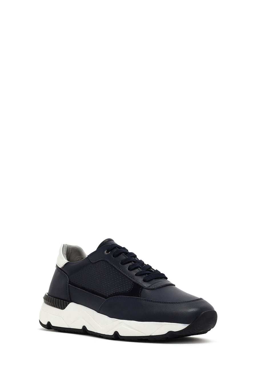 Erkek Lacivert Bağcıklı Kalın Tabanlı Deri Sneaker