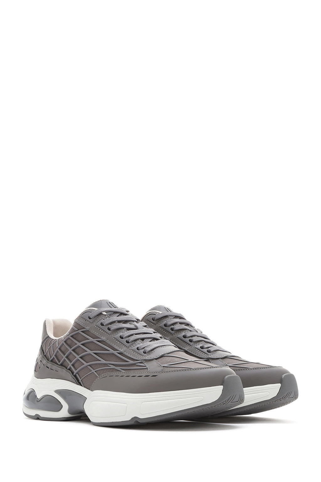 Erkek Gri Bağcıklı Kalın Tabanlı Kumaş Sneaker