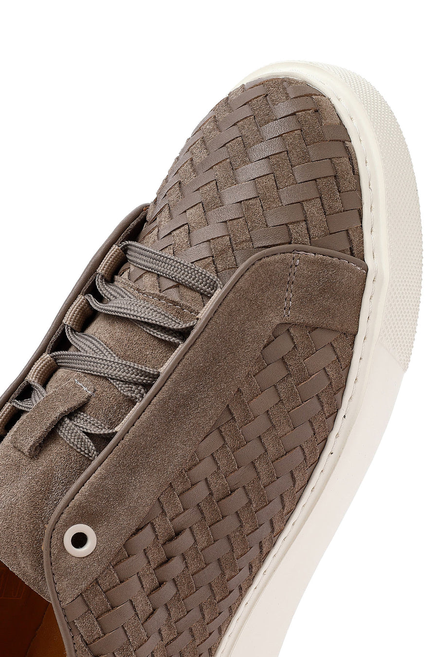 Erkek Vizon Bağcıklı Örgülü Kalın Tabanlı Deri Sneaker