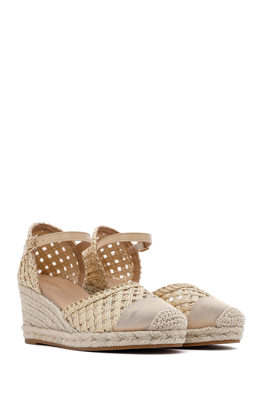 Women's Cream Ankle Buckle Braided Wedge Heel Espadrille Sandals