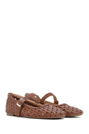Women's Tan Buckled Braided Ballet Flats | Derimod