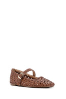 Women's Tan Buckled Braided Ballet Flats | Derimod