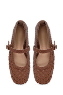 Women's Tan Buckled Braided Ballet Flats | Derimod