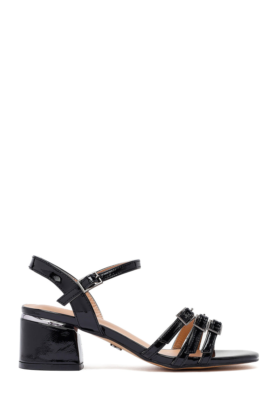 Women's Black Ankle Buckle Thick Patent Leather Heeled Sandals 25SFE466416 | Derimod